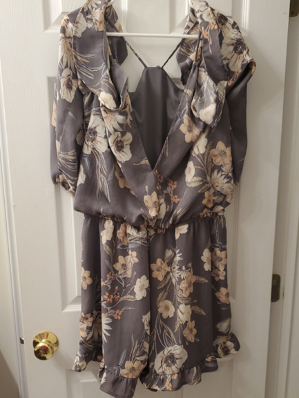 Floral Charcoal Wrap Romper Dress - Gray Floral Women’s Dress
